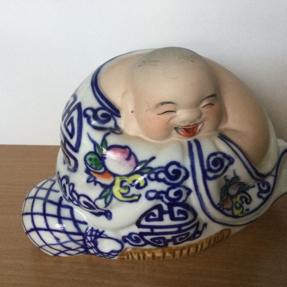 Vintage Chinese Jingdezhen Happy laughing Buddha blue figurine statue 景德镇雕塑瓷厂 - Picture 2 of 7